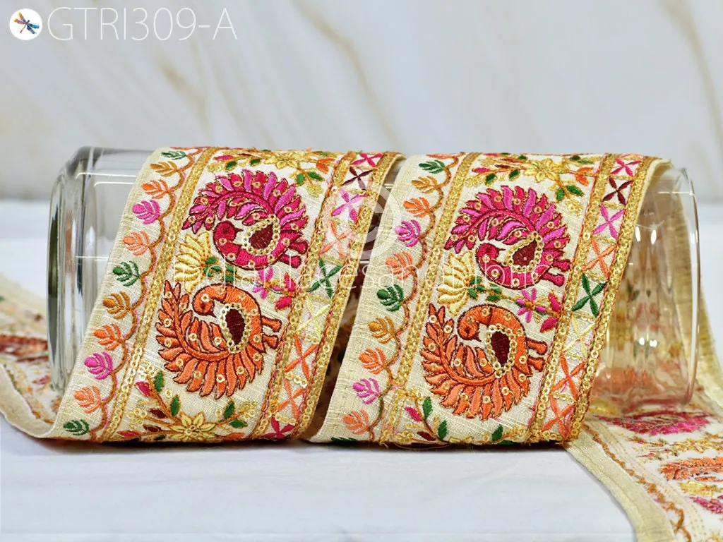 9 Yard Peacock 9cm Embroidered Sari Ribbon Fabric Trim Saree Border Dolls DIY Crafting Sewing Bags Home Décor Embellishment Dresses Trimming