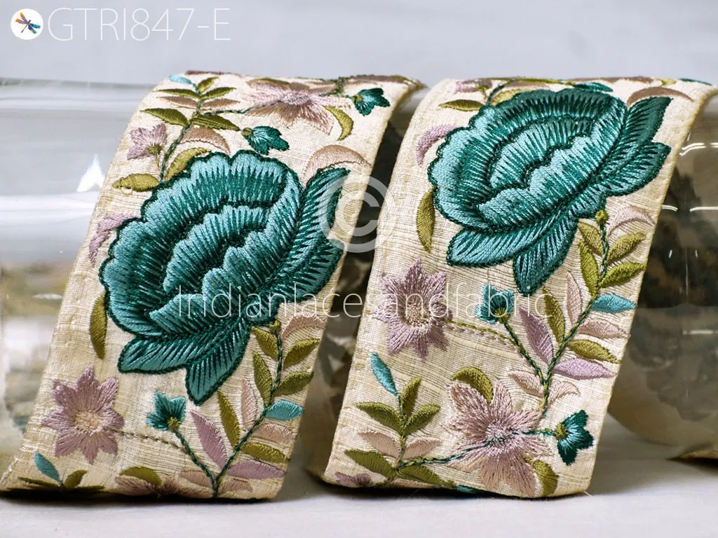 9 Yard Teal Floral 6cm Beach Bags Home Decor Embellishments Drapery Embroidered Fabric Trim Saree Border DIY Crafting Sewing Sari Ribbon