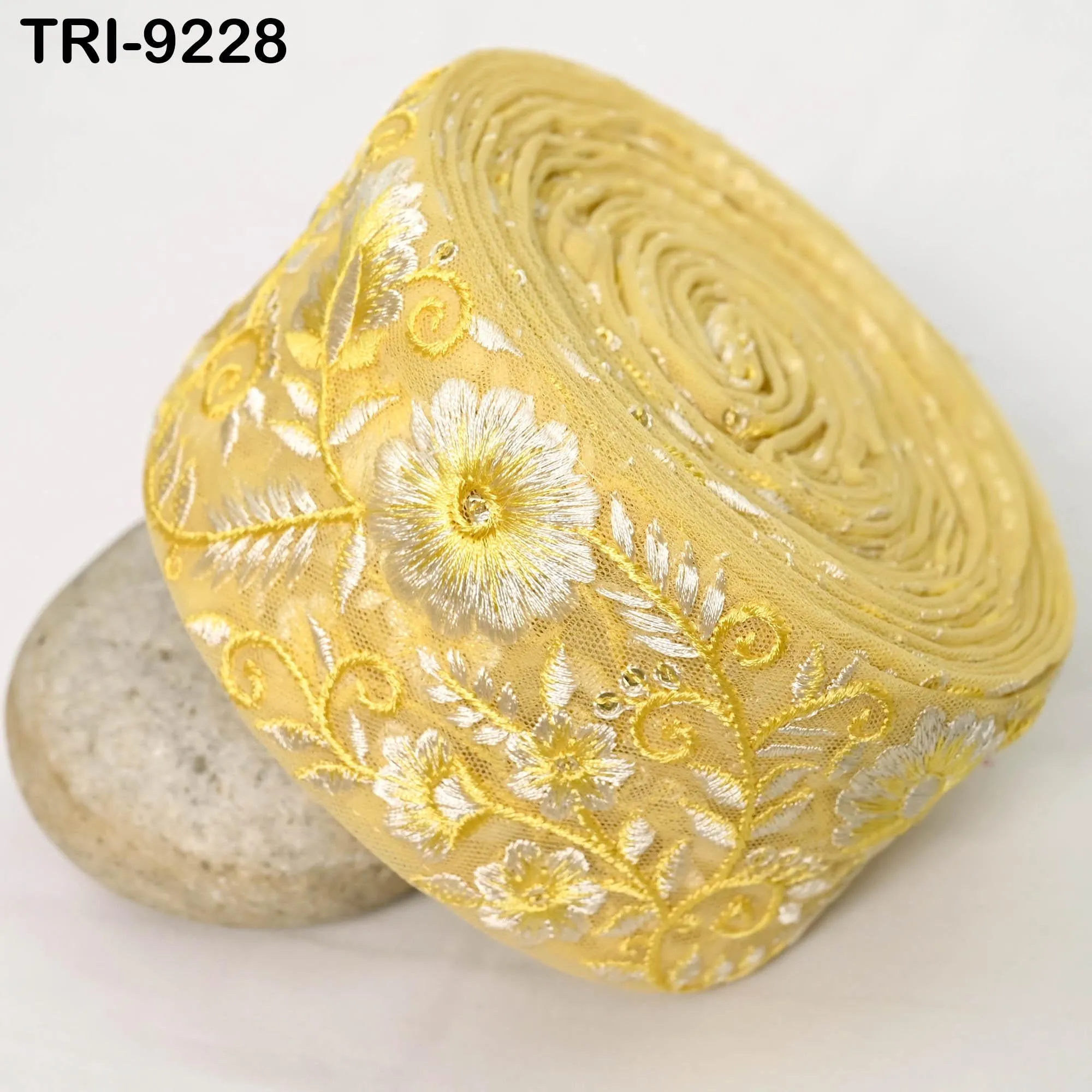 9 Yard Yellow Embroidery 7 CM Ribbon DIY Craft Sewing Costumes Dog Collar, Lampshades, Holidays Decor Indian Embroidered Regency Reticules