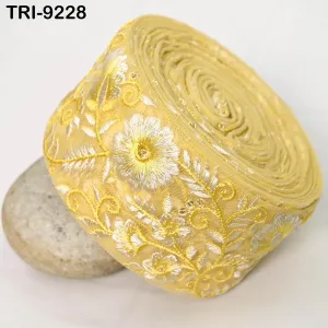 9 Yard Yellow Embroidery 7 CM Ribbon DIY Craft Sewing Costumes Dog Collar, Lampshades, Holidays Decor Indian Embroidered Regency Reticules