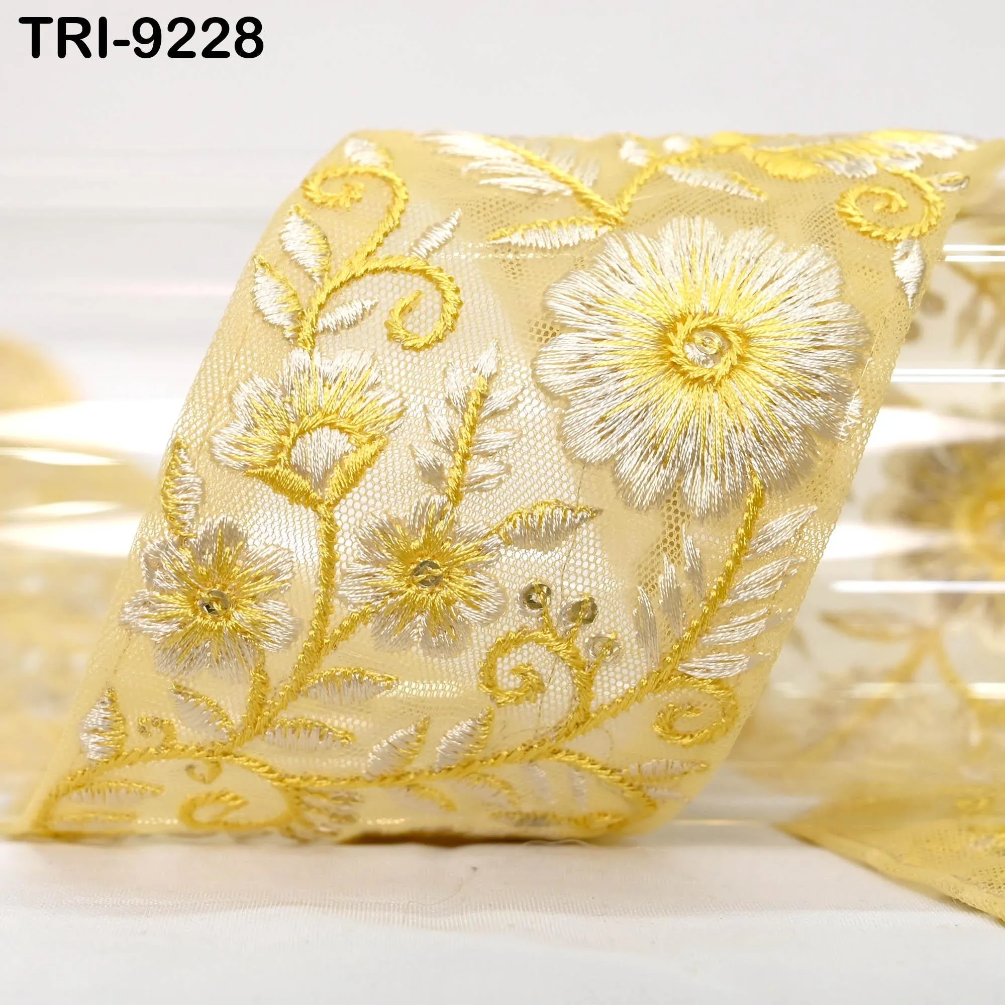9 Yard Yellow Embroidery 7 CM Ribbon DIY Craft Sewing Costumes Dog Collar, Lampshades, Holidays Decor Indian Embroidered Regency Reticules