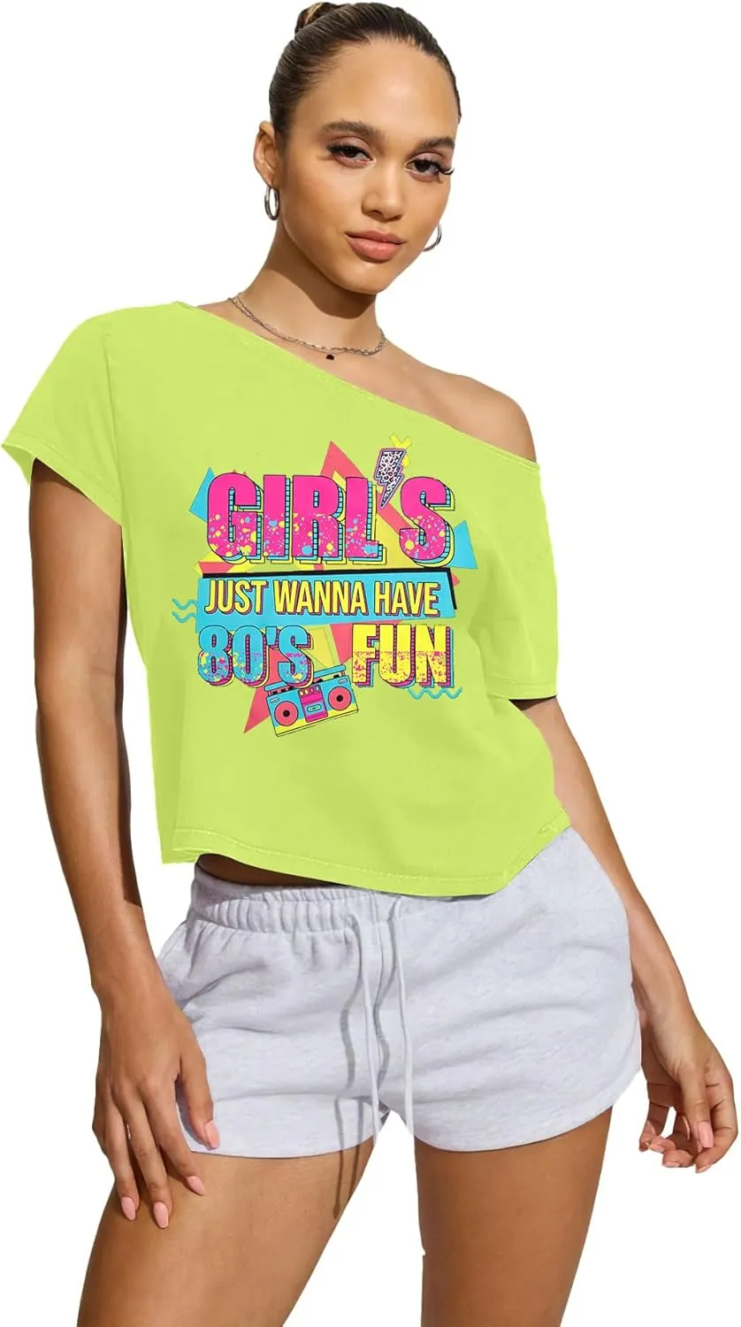90s 80s Outfit for Women 80's Theme Party Disco Shirt Off The Shoulder Tops Vintage 90s Neon Off Shoulder Top