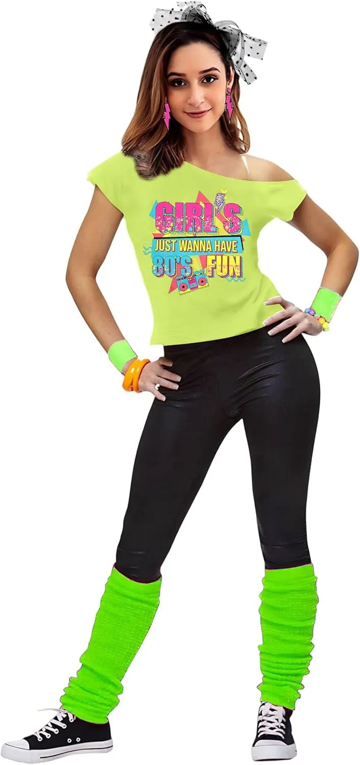 90s 80s Outfit for Women 80's Theme Party Disco Shirt Off The Shoulder Tops Vintage 90s Neon Off Shoulder Top