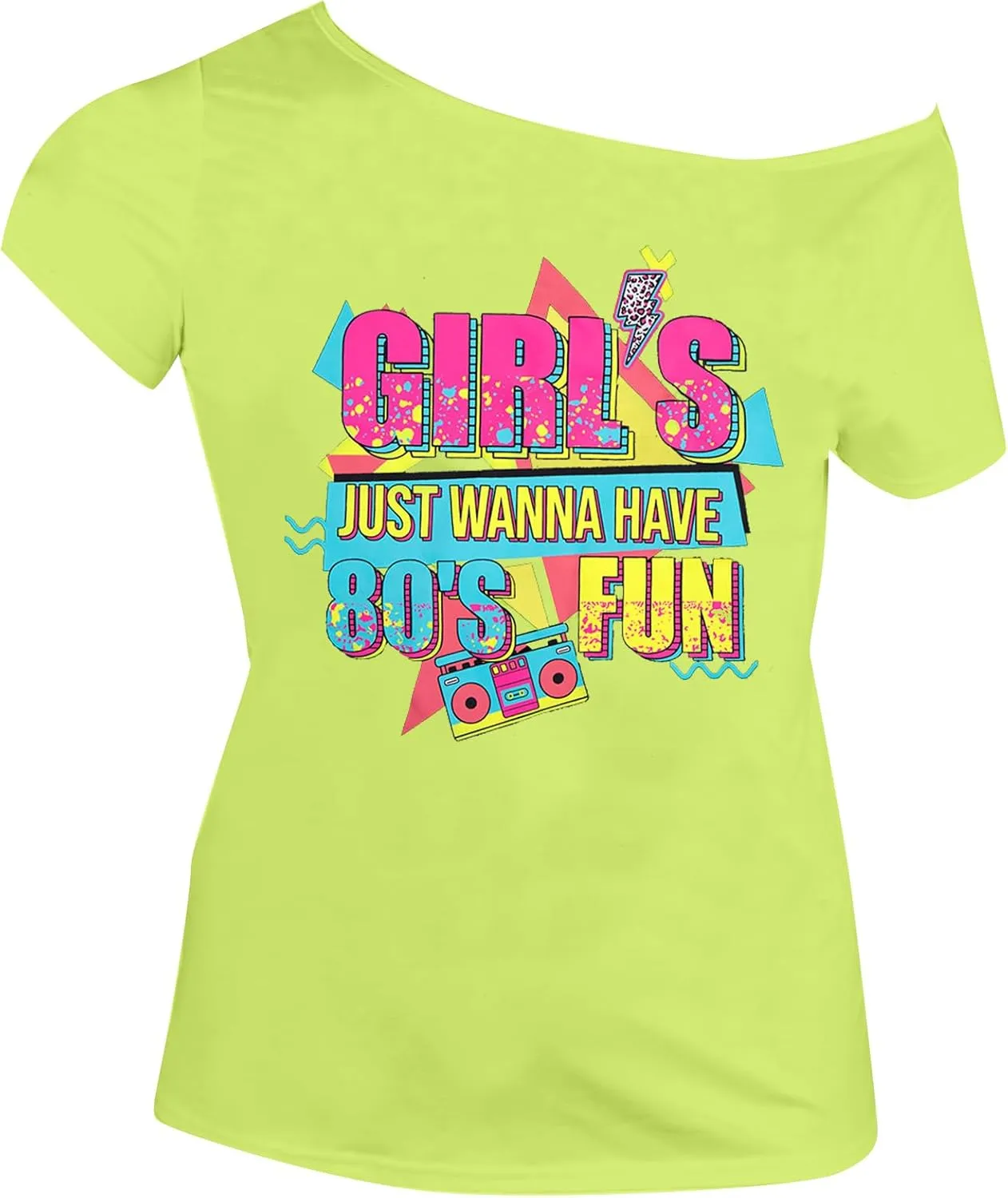90s 80s Outfit for Women 80's Theme Party Disco Shirt Off The Shoulder Tops Vintage 90s Neon Off Shoulder Top