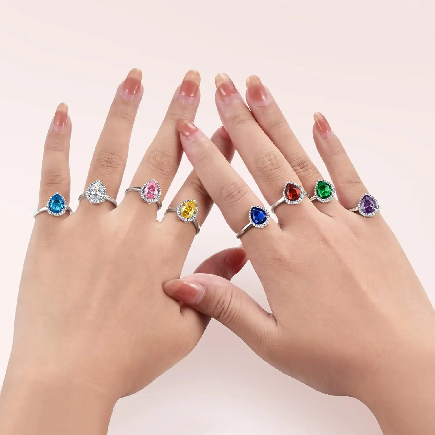925 Sterling Silver Birthstone Rings for Women Girls with Clear 2ct Heart/Round/Teardrop/Square Crystal, Solitaire Diamond Halo Open Bands Cubic Zirconia Rings Adjustable Size#6-#12