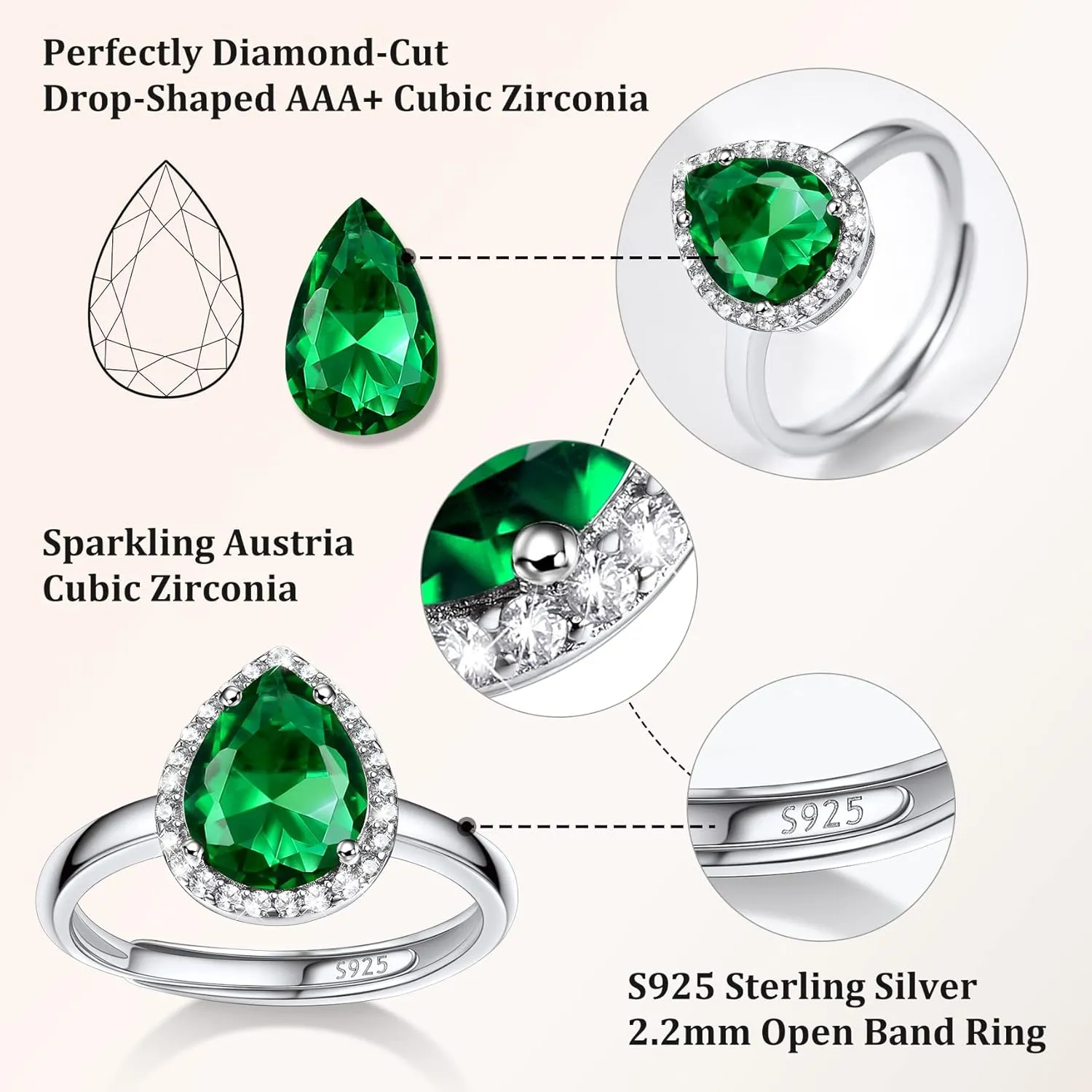 925 Sterling Silver Birthstone Rings for Women Girls with Clear 2ct Heart/Round/Teardrop/Square Crystal, Solitaire Diamond Halo Open Bands Cubic Zirconia Rings Adjustable Size#6-#12