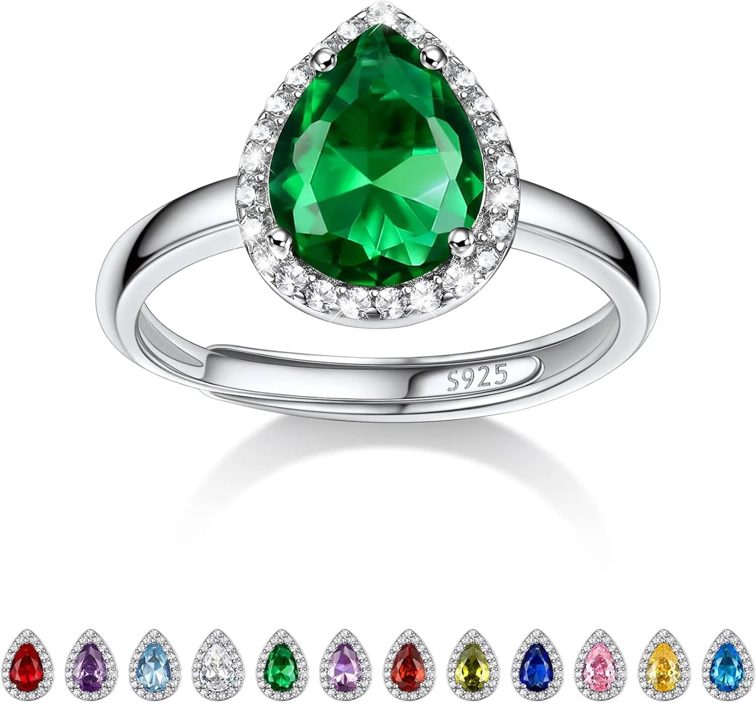925 Sterling Silver Birthstone Rings for Women Girls with Clear 2ct Heart/Round/Teardrop/Square Crystal, Solitaire Diamond Halo Open Bands Cubic Zirconia Rings Adjustable Size#6-#12