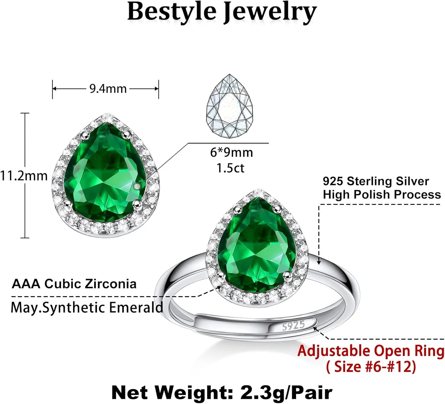 925 Sterling Silver Birthstone Rings for Women Girls with Clear 2ct Heart/Round/Teardrop/Square Crystal, Solitaire Diamond Halo Open Bands Cubic Zirconia Rings Adjustable Size#6-#12