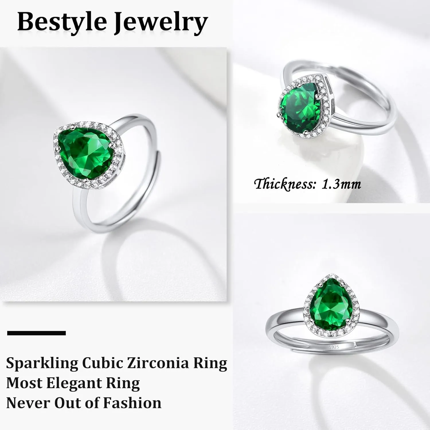 925 Sterling Silver Birthstone Rings for Women Girls with Clear 2ct Heart/Round/Teardrop/Square Crystal, Solitaire Diamond Halo Open Bands Cubic Zirconia Rings Adjustable Size#6-#12
