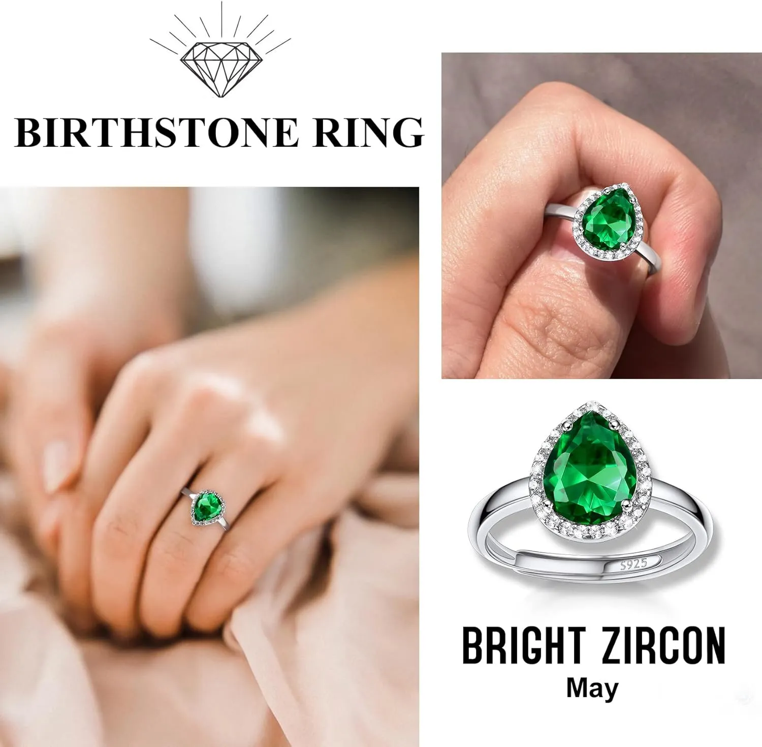 925 Sterling Silver Birthstone Rings for Women Girls with Clear 2ct Heart/Round/Teardrop/Square Crystal, Solitaire Diamond Halo Open Bands Cubic Zirconia Rings Adjustable Size#6-#12