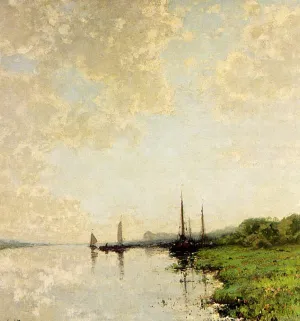 A Summer Landscape with Boats on a Waterway by Cornelis Kuypers - 20" x 20" Premium Canvas Print