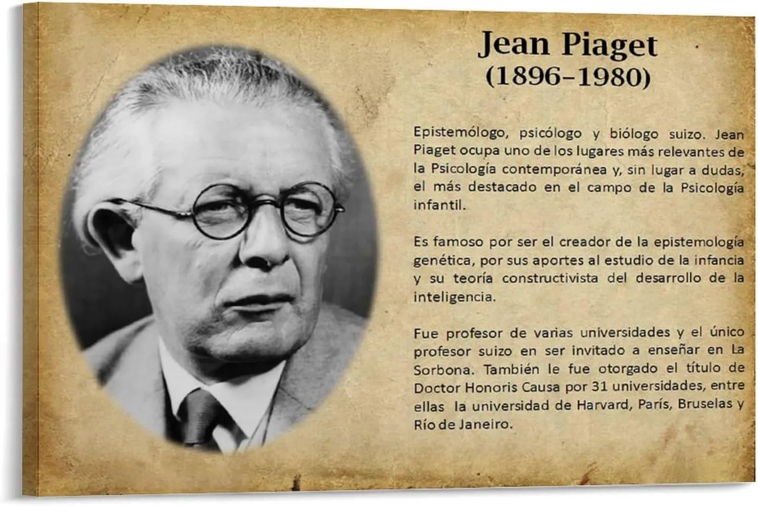 AAFACAI Psychologist Jean Piaget Retro Portrait Inspirational Quote Art Poster Canvas Poster Bedroom Decor Office Room Decor Gift Frame-style 30x20inch(75x50cm)