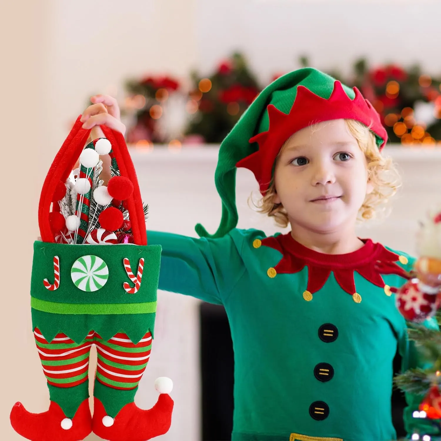 Abbylike 20 Pcs Christmas Candy Bags Bulk Santa Pants Boots Treat Bags with Handle Felt Stocking Xmas Goodies Bag Lovely Party Favor Decorations for Children Holiday Teachers Decorations