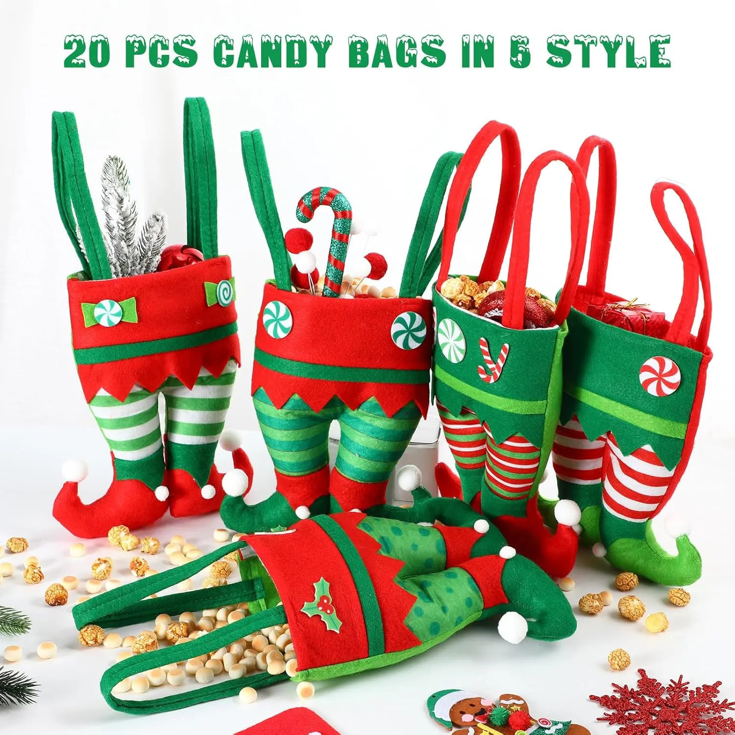 Abbylike 20 Pcs Christmas Candy Bags Bulk Santa Pants Boots Treat Bags with Handle Felt Stocking Xmas Goodies Bag Lovely Party Favor Decorations for Children Holiday Teachers Decorations