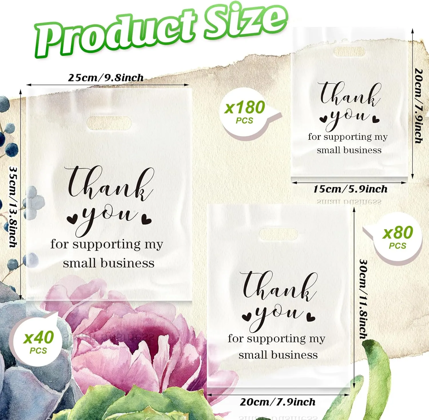 Abbylike 300 Pcs Thank You Bags with Handles Bulk, 3 Sizes Die Cut Plastic Shopping Merchandise Retail Bags for Small Business Gifts Goodie Boutique Clothes Party Favors (Clear)