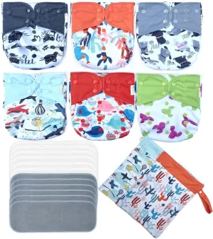 Adjustable Washable Reusable AWJ Side Leakage Prevention 6pcs All in One Cloth Diaper Packed with 12pcs Inserts 2pcs Wet Dry Bags for Baby Girls and Boys (Boy Prints 06)
