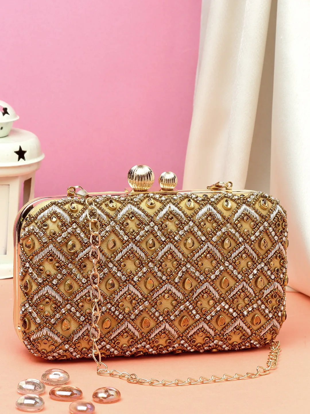 Adorn Diamond Embellished Faux Silk Clutch