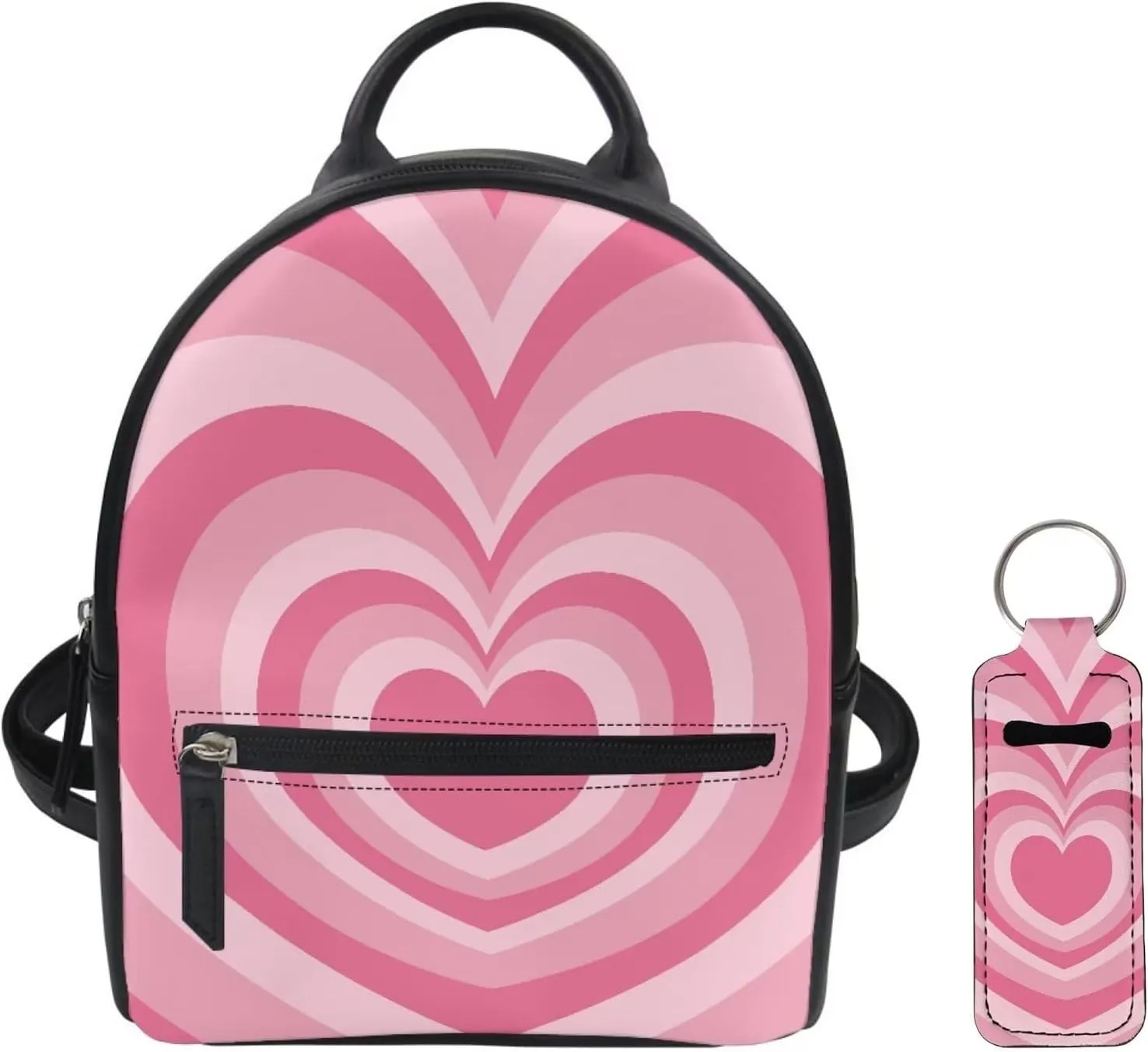 Aesthetic Y2K Hippie Pink Love Heart Swirl Small Backpack for Women Travel Bag Set of 2 Mini Backpack Purse with Lipstick Holder Keychain Carry on Backpack Waterproof Daypack
