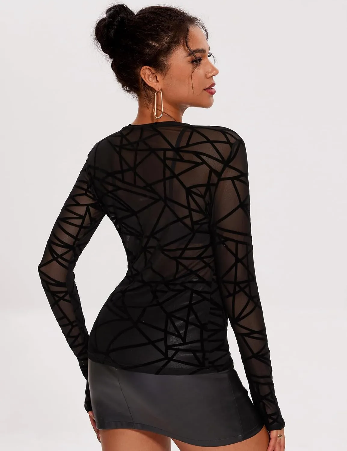 AKEWEI Womens Mesh Long Sleeve Tops Crew Neck Sexy See Through Tee Shirts Party Club Night Lace Blouse
