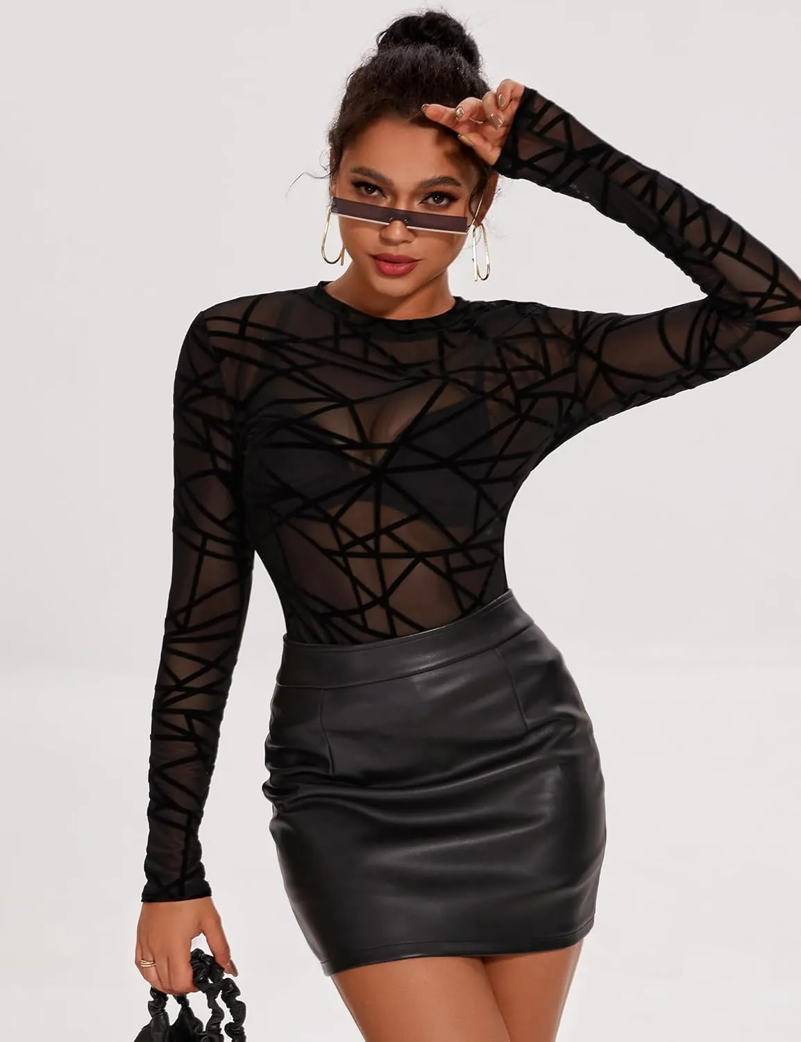 AKEWEI Womens Mesh Long Sleeve Tops Crew Neck Sexy See Through Tee Shirts Party Club Night Lace Blouse