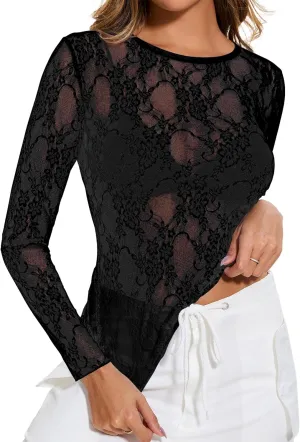 AKEWEI Womens Mesh Long Sleeve Tops Crew Neck Sexy See Through Tee Shirts Party Club Night Lace Blouse