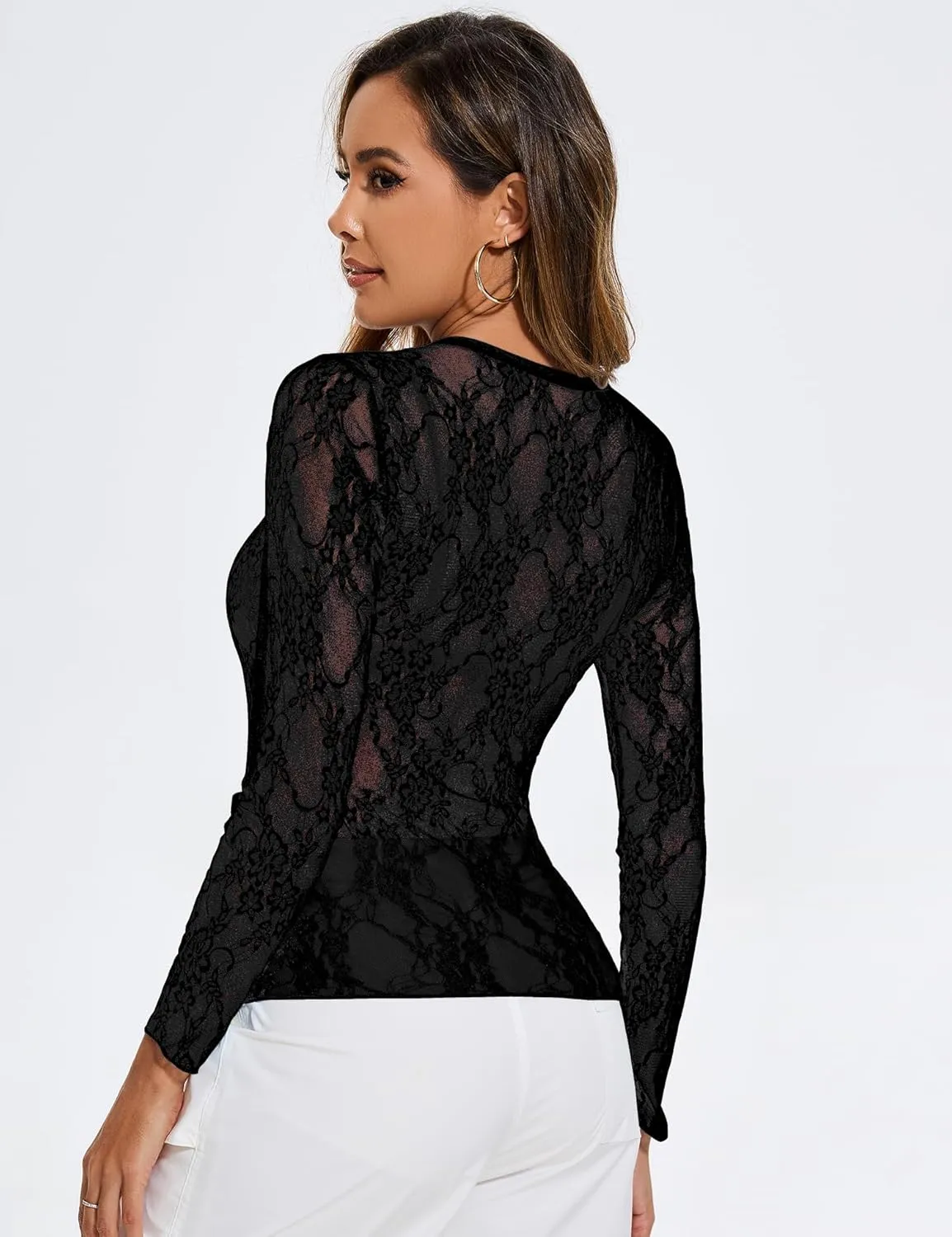 AKEWEI Womens Mesh Long Sleeve Tops Crew Neck Sexy See Through Tee Shirts Party Club Night Lace Blouse