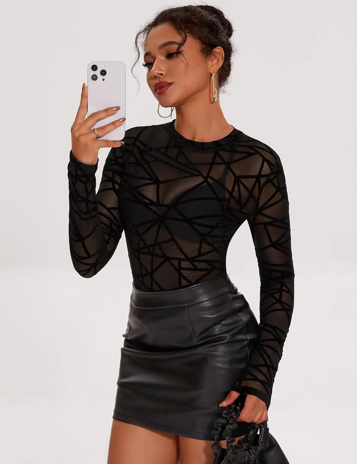 AKEWEI Womens Mesh Long Sleeve Tops Crew Neck Sexy See Through Tee Shirts Party Club Night Lace Blouse