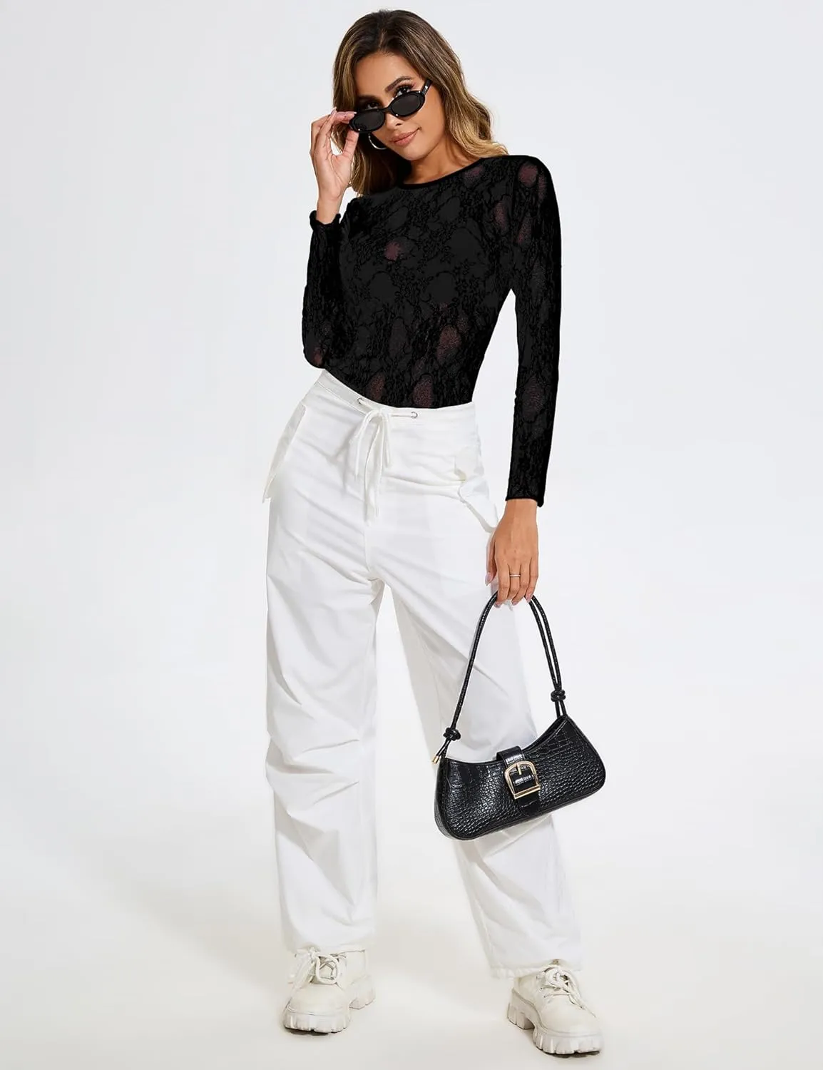 AKEWEI Womens Mesh Long Sleeve Tops Crew Neck Sexy See Through Tee Shirts Party Club Night Lace Blouse
