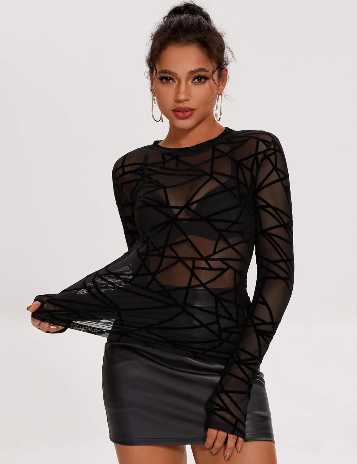 AKEWEI Womens Mesh Long Sleeve Tops Crew Neck Sexy See Through Tee Shirts Party Club Night Lace Blouse