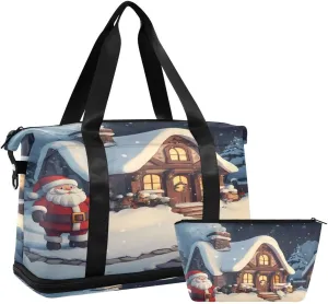 ALAZA Castle House Snow Village Santa Claus Christmas Duffel Bag with Shoe Compartment Tote Bag Weekender Overnight Bag with Wet Pocket for Travel,Gym,Yoga,Swimming