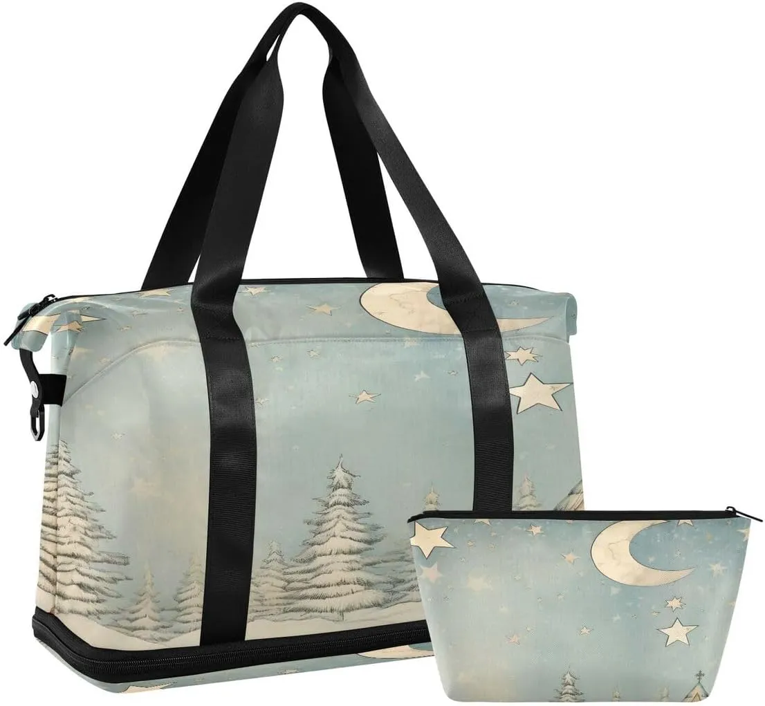ALAZA Castle Star Moon Pine Tree Merry Christmas Travel Duffel Bag with Shoe Compartment Tote Bag Weekender Overnight Bag with Wet Pocket for Travel,Gym,Yoga,Swimming