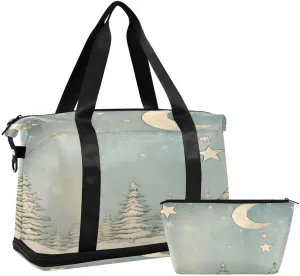 ALAZA Castle Star Moon Pine Tree Merry Christmas Travel Duffel Bag with Shoe Compartment Tote Bag Weekender Overnight Bag with Wet Pocket for Travel,Gym,Yoga,Swimming