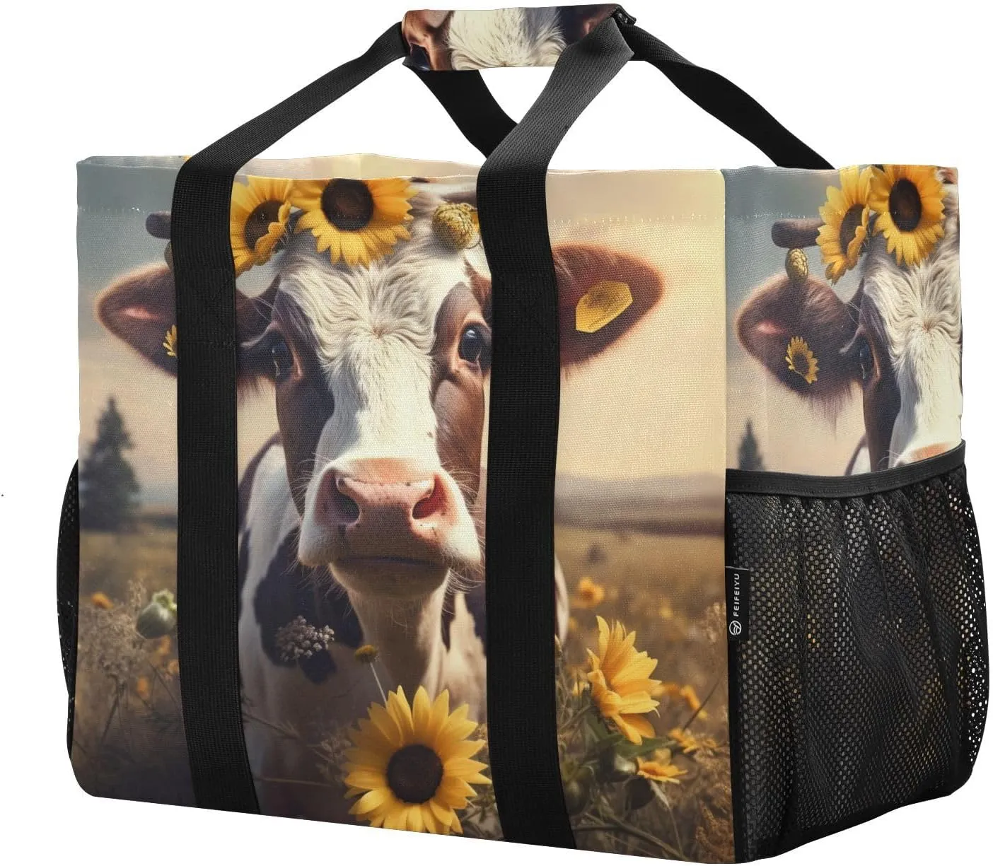 ALAZA Cow Portrait Cartoon Space Waterproof Beach Tote Bags