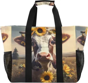 ALAZA Cow Portrait Cartoon Space Waterproof Beach Tote Bags