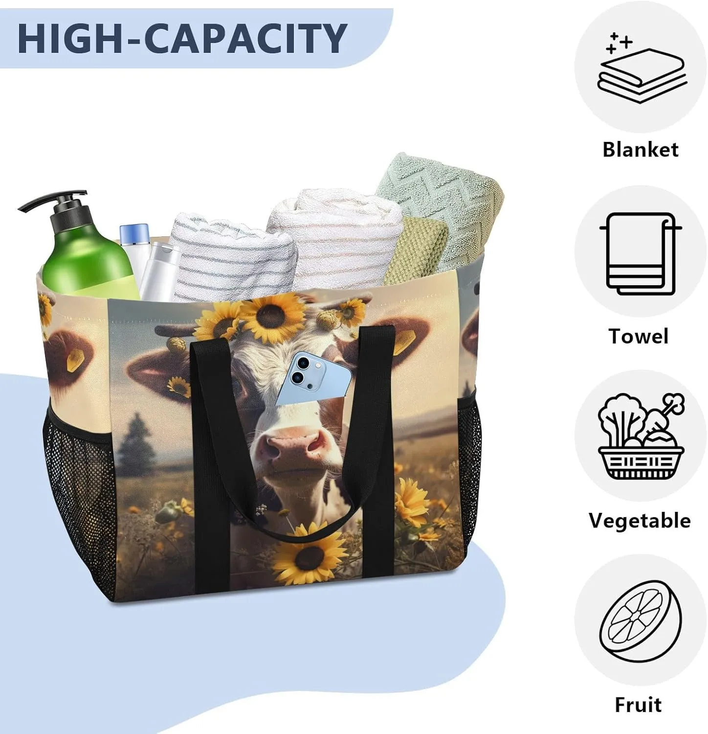 ALAZA Cow Portrait Cartoon Space Waterproof Beach Tote Bags