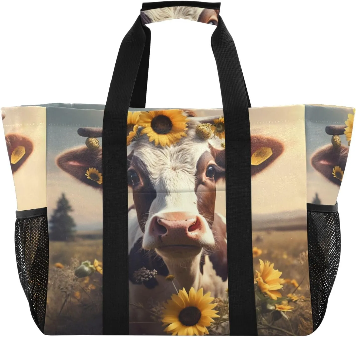 ALAZA Cow Portrait Cartoon Space Waterproof Beach Tote Bags