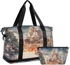 ALAZA Magic Castle Bird Santa Claus Pine Tree Christmas Duffel Bag with Shoe Compartment Tote Bag Weekender Overnight Bag with Wet Pocket for Travel,Gym,Yoga,Swimming