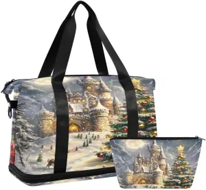 ALAZA Merry Christmas Tree Deer Castle Moon Star Duffel Bag with Shoe Compartment Tote Bag Weekender Overnight Bag with Wet Pocket for Travel,Gym,Yoga,Swimming