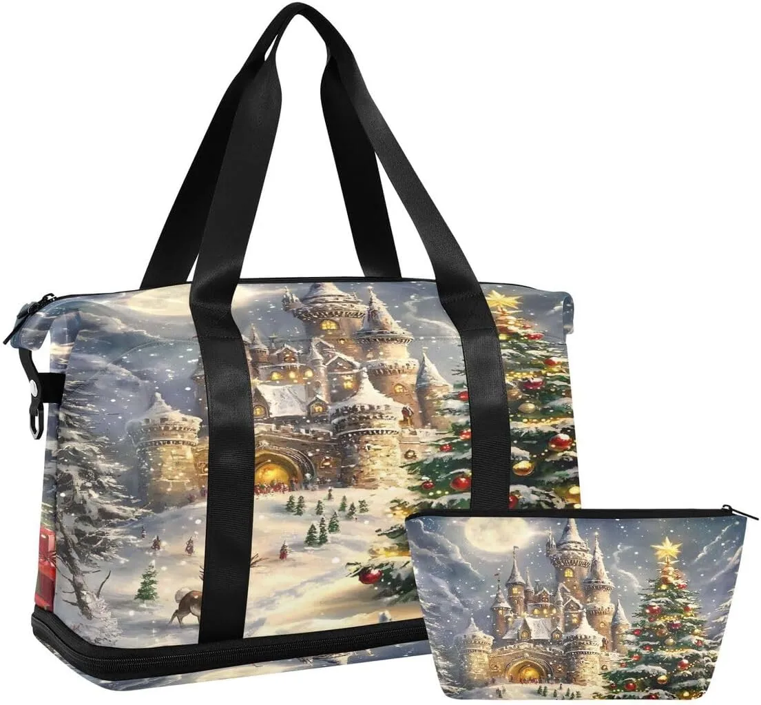 ALAZA Merry Christmas Tree Deer Castle Moon Star Duffel Bag with Shoe Compartment Tote Bag Weekender Overnight Bag with Wet Pocket for Travel,Gym,Yoga,Swimming