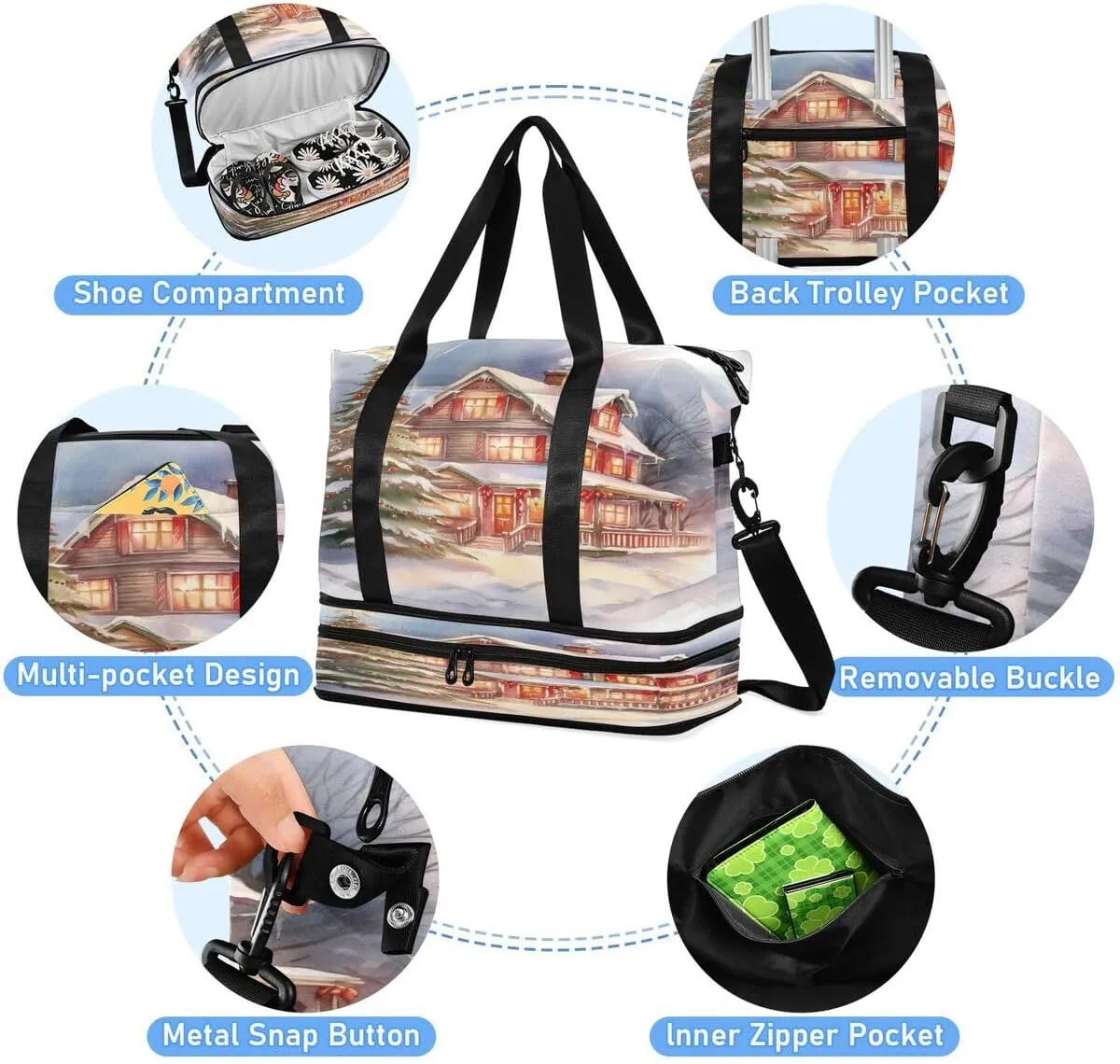 ALAZA Oil Painting Castle Christmas Tree Travel Duffel Bag with Shoe Compartment Tote Bag Weekender Overnight Bag with Wet Pocket for Travel,Gym,Yoga,Swimming