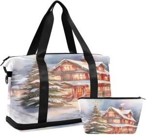 ALAZA Oil Painting Castle Christmas Tree Travel Duffel Bag with Shoe Compartment Tote Bag Weekender Overnight Bag with Wet Pocket for Travel,Gym,Yoga,Swimming