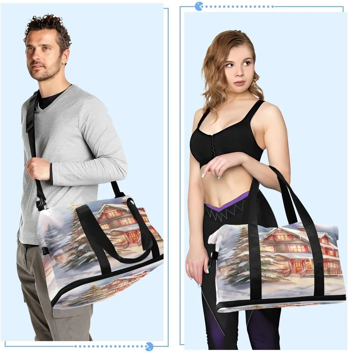 ALAZA Oil Painting Castle Christmas Tree Travel Duffel Bag with Shoe Compartment Tote Bag Weekender Overnight Bag with Wet Pocket for Travel,Gym,Yoga,Swimming