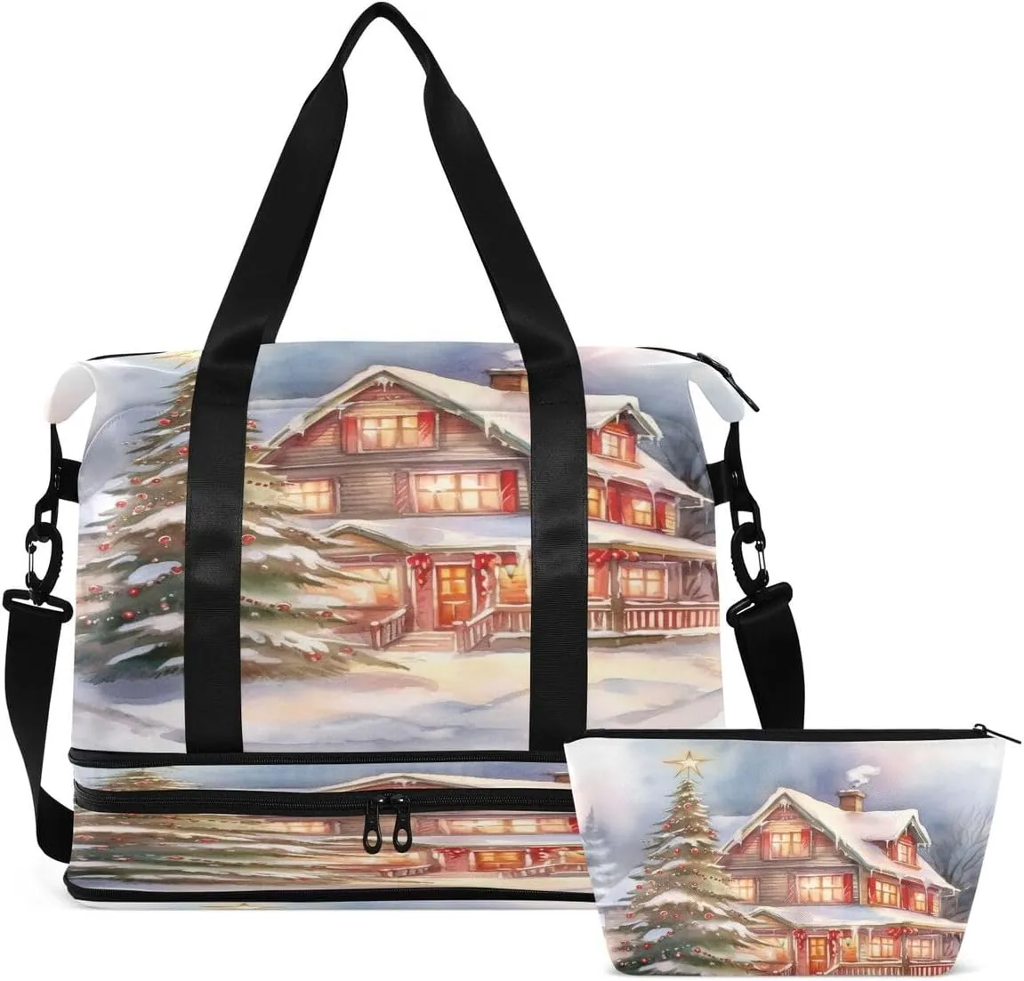 ALAZA Oil Painting Castle Christmas Tree Travel Duffel Bag with Shoe Compartment Tote Bag Weekender Overnight Bag with Wet Pocket for Travel,Gym,Yoga,Swimming