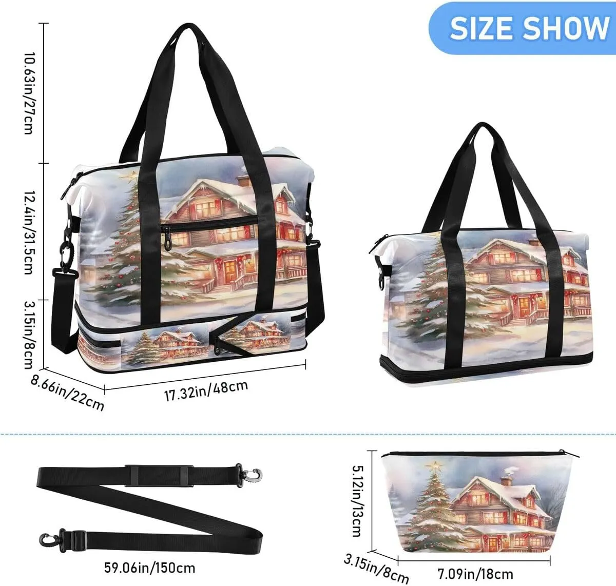 ALAZA Oil Painting Castle Christmas Tree Travel Duffel Bag with Shoe Compartment Tote Bag Weekender Overnight Bag with Wet Pocket for Travel,Gym,Yoga,Swimming