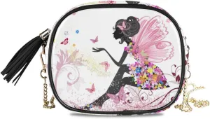 ALAZA PU Leather Small Crossbody Bag Purse Wallet Flower Fairy Pink Butterflies Cell Phone Bags with Adjustable Chain Strap & Multi Pocket