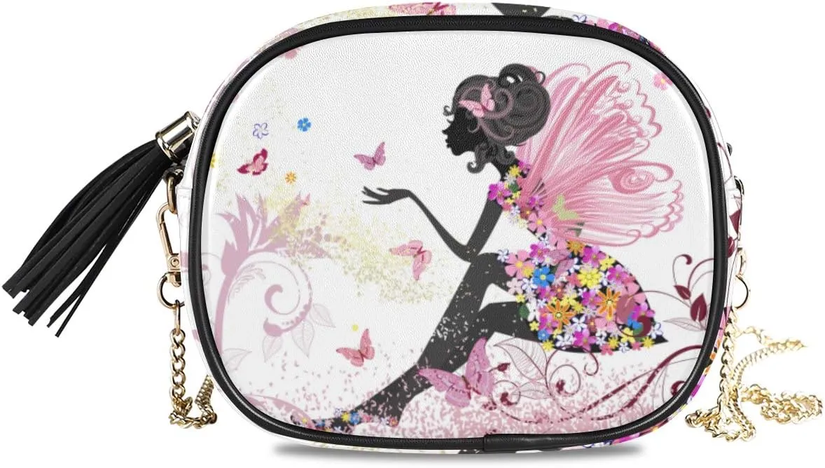 ALAZA PU Leather Small Crossbody Bag Purse Wallet Flower Fairy Pink Butterflies Cell Phone Bags with Adjustable Chain Strap & Multi Pocket
