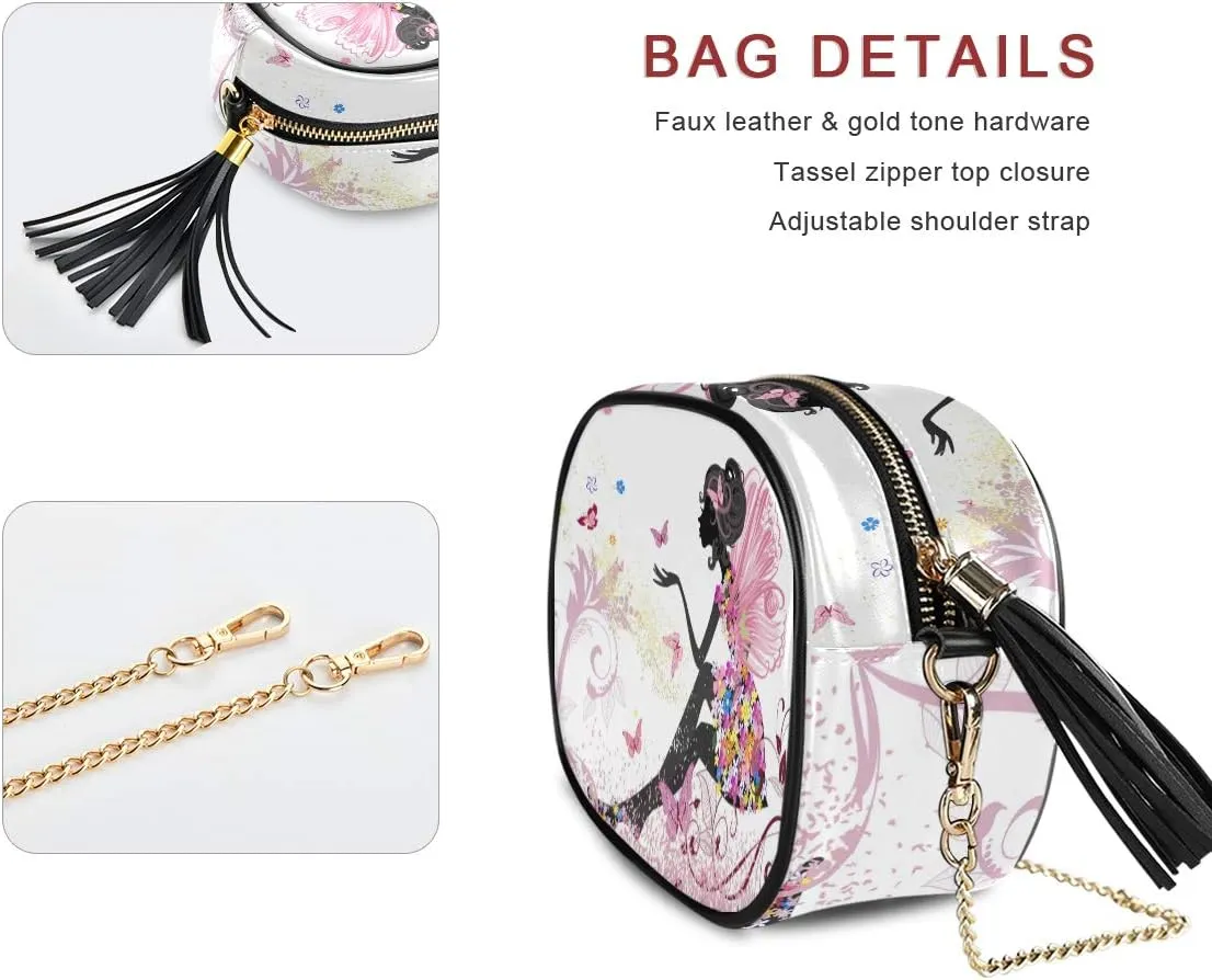 ALAZA PU Leather Small Crossbody Bag Purse Wallet Flower Fairy Pink Butterflies Cell Phone Bags with Adjustable Chain Strap & Multi Pocket