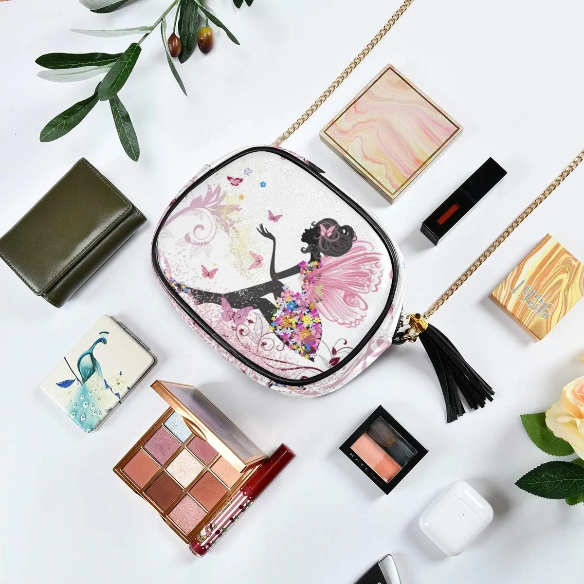 ALAZA PU Leather Small Crossbody Bag Purse Wallet Flower Fairy Pink Butterflies Cell Phone Bags with Adjustable Chain Strap & Multi Pocket