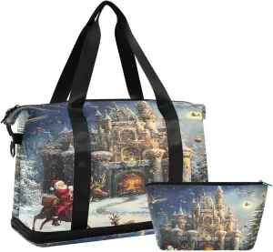 ALAZA Reindeer Christmas Tree Castle Merry Christmas Moon Duffel Bag with Shoe Compartment Tote Bag Weekender Overnight Bag with Wet Pocket for Travel,Gym,Yoga,Swimming