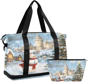 ALAZA Snowman Reindeer Castle Pine Tree Snowflake Merry Christmas Duffel Bag with Shoe Compartment Tote Bag Weekender Overnight Bag with Wet Pocket for Travel,Gym,Yoga,Swimming